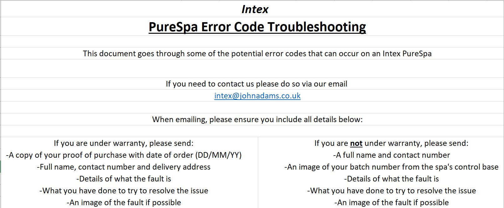 PureSpa Error Codes Troubleshooting Intex Wetset Pools & Accessories